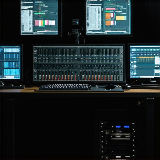 Professional Video Editing Setup with Calibrated Monitors A modern, high-end color-calibrated editing workstation with dual monitors and professional peripherals