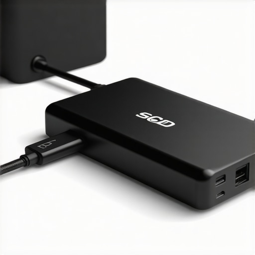Close-up of high-quality Thunderbolt cable connected to a professional external SSD, demonstrating secure and shielded connection.
