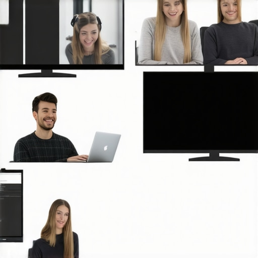 Group of professionals editing videos together with cloud computing interfaces.