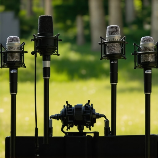 Smart Microphone Array in Outdoor Conditions Sophisticated microphone array with windshields and environmental sensors capturing audio in outdoor environment