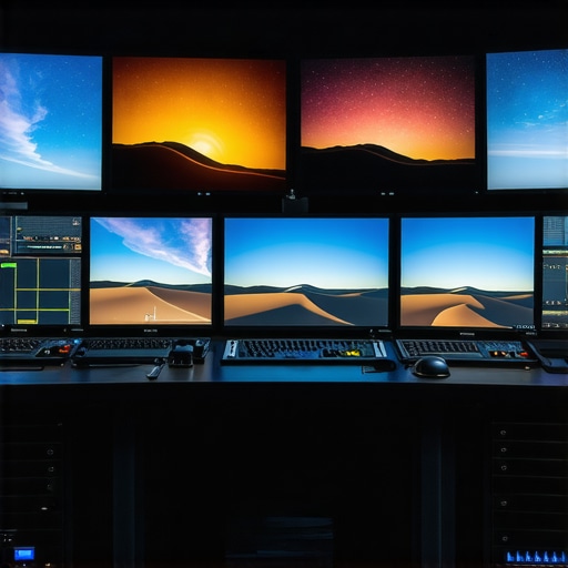 Spectral Analysis in Color Grading Spectral sensors analyzing sky footage in a professional editing environment.