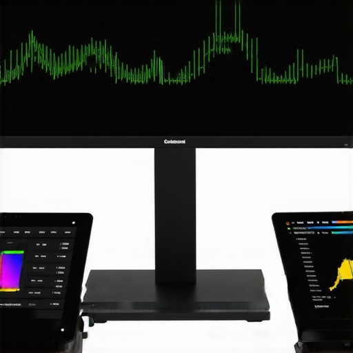 Spectral Measurement of HDR Display Technician calibrating a high-dynamic-range monitor using spectral analysis tools for precise color profiling.