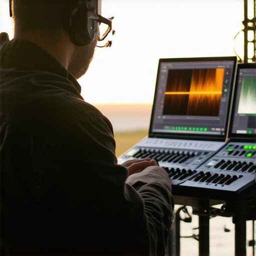 Spectral editing for outdoor wind noise reduction Audio engineer analyzing spectral data on computer screen to reduce wind noise