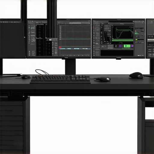 Modern digital video editing workstation featuring control panels and calibrated monitors