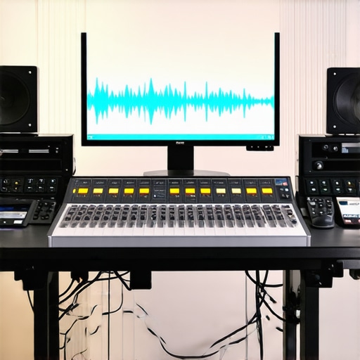 State-of-the-art Editing Setup with Control Devices Modern video editing workstation featuring control surface and high-resolution monitor.