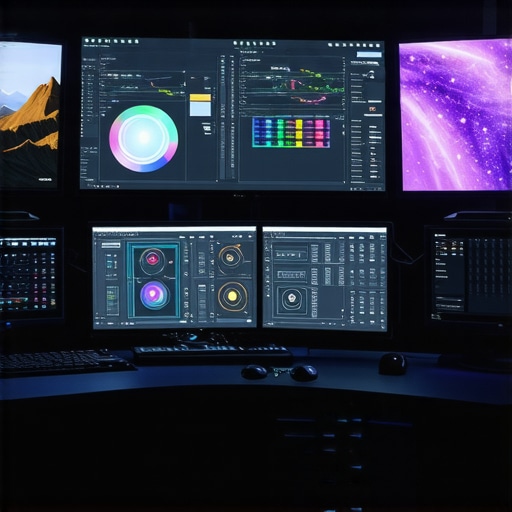 State-of-the-art Media Editing Workstation A sleek workspace showcasing cutting-edge media editing technology with multiple screens, color calibration tools, and AI interfaces.