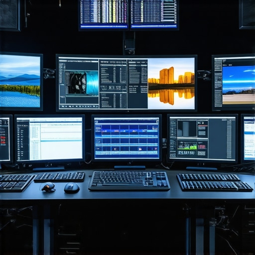 Modern video editing workstation with multiple monitors, color grading controls, and powerful hardware.
