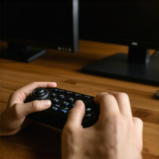 Close-up of a professional editor using a 6DoF 3D controller and a trackball for post-production.