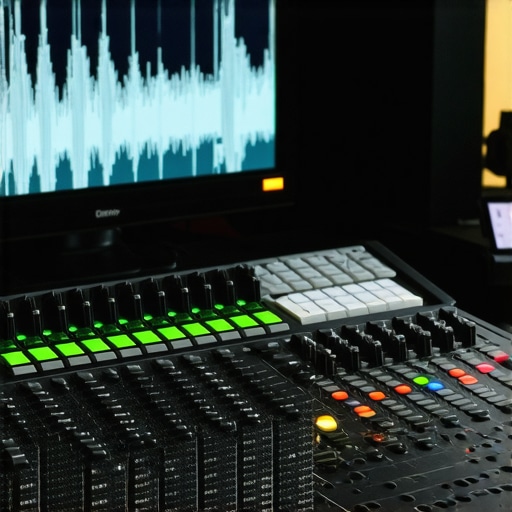 A high-end audio editing workstation featuring professional monitors and sound treatment for precise video post-production.