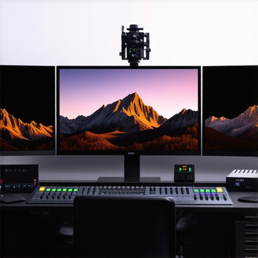 Advanced Compositing and Color Grading Setup Professional video editing suite with color grading equipment