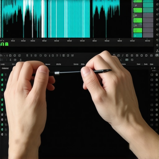 Hands adjusting a video editing control surface with a monitor showing skin texture nodes.