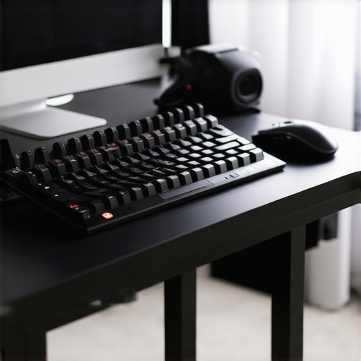 Professional editing desk with mechanical keyboard, trackball, and color grading dials for maximum efficiency.