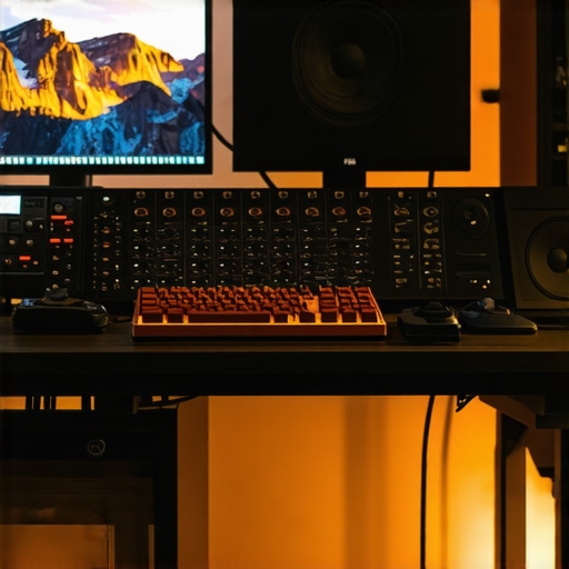 High-end video and audio editing hardware including monitors and interfaces in a studio.