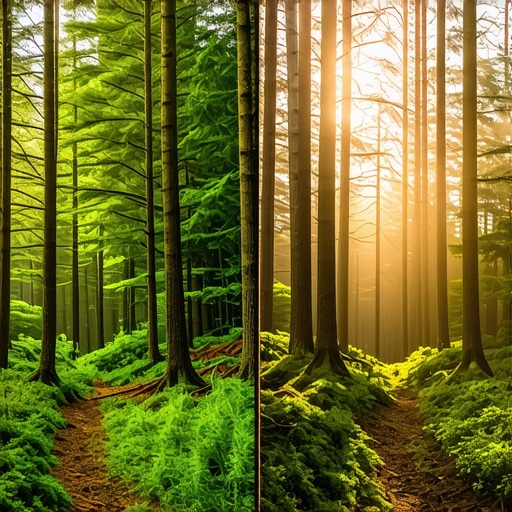 Visual demonstration of HSL color separation in a dense forest photograph showing improved depth and variety in green hues.