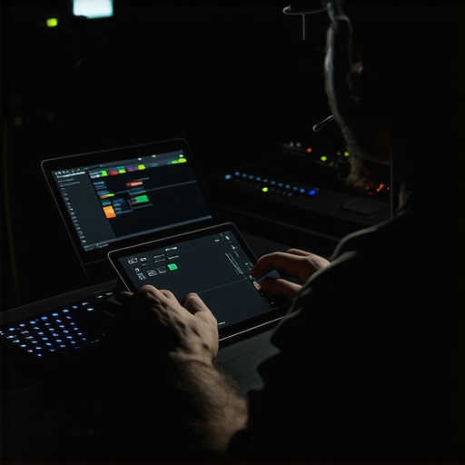 Professional tablet video editing setup with external hardware and monitors.