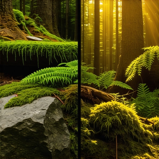 Comparison of raw and edited forest photography showing light sculpting and depth recovery