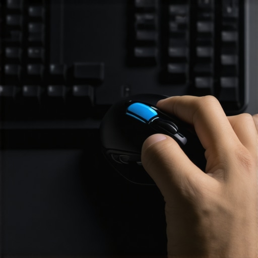 An editor using a vertical mouse in a healthy handshake position at a professional video editing desk.