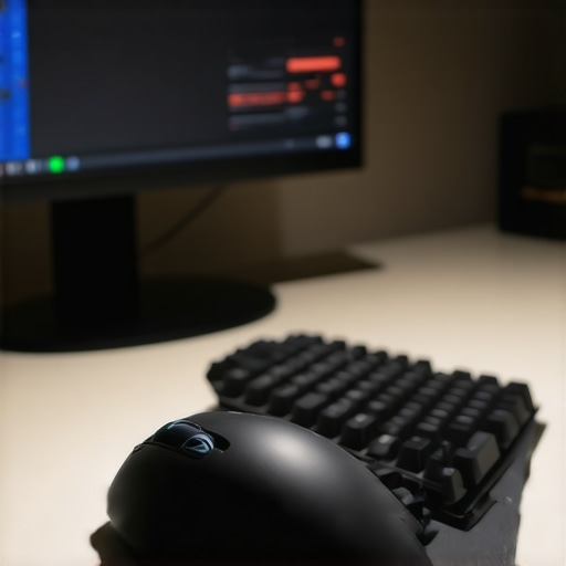 A professional vertical mouse positioned next to a tenkeyless keyboard to reduce shoulder abduction and neck strain.