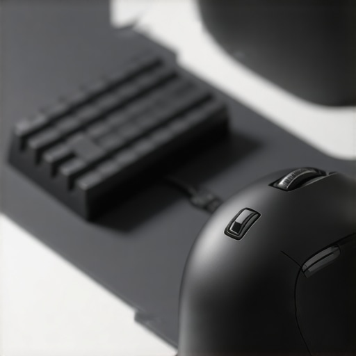 An ergonomic vertical mouse positioned next to a compact keyboard on a professional desk setup