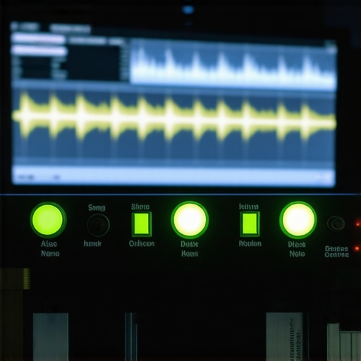 Close-up of professional hardware synchronization tools in a darkened video editing studio.