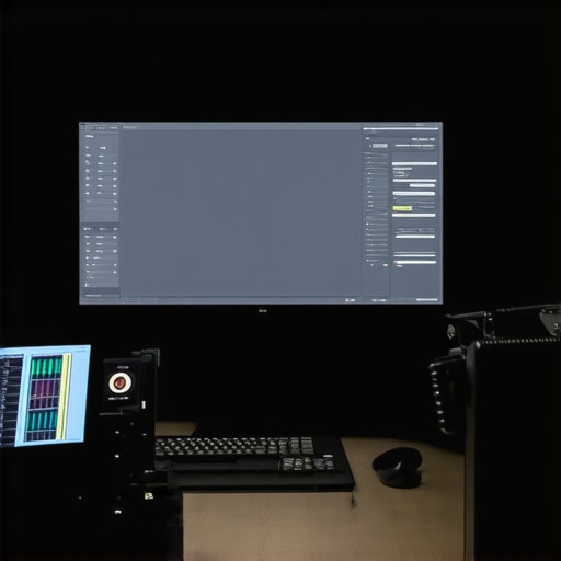 Professional monitor calibration tool attached to an editing screen in a dark studio.