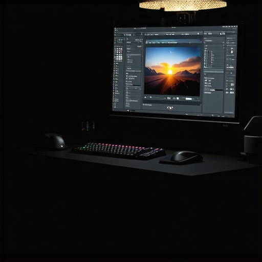 A professional editing setup with a hooded monitor and ergonomic input devices for color grading.