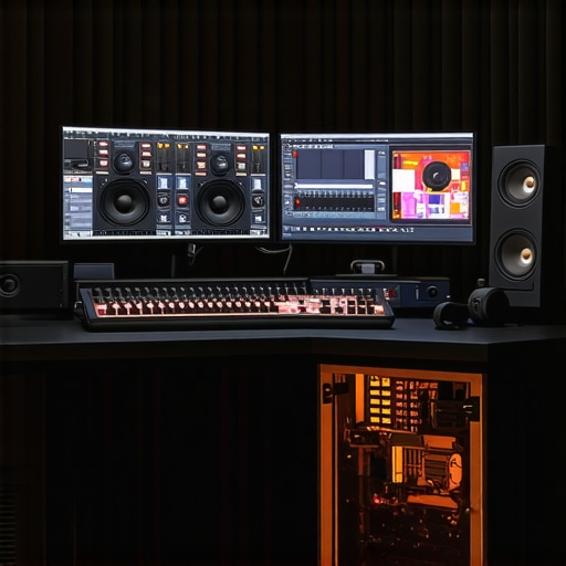 A professional workspace for high-end photo and video editing with advanced hardware and software interfaces.
