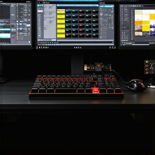 Professional 4K video editing desk with calibrated monitors and specialized input devices.