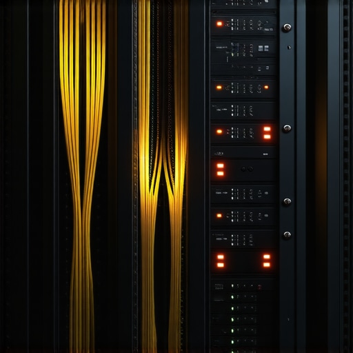 High-Performance 10GbE Networking for Studio Collaboration A close-up of high-speed network cables in a professional video editing environment.