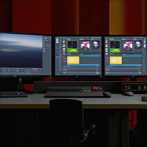 Professional 8K video editing setup with RAID storage and shuttle controller.