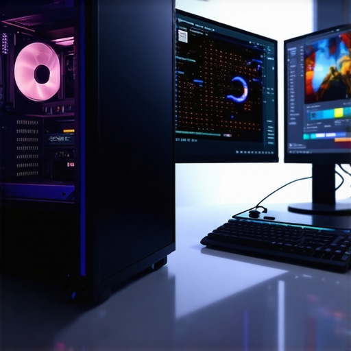 Close-up of a professional editing PC with a glowing GPU and monitors displaying video motion tracking data.