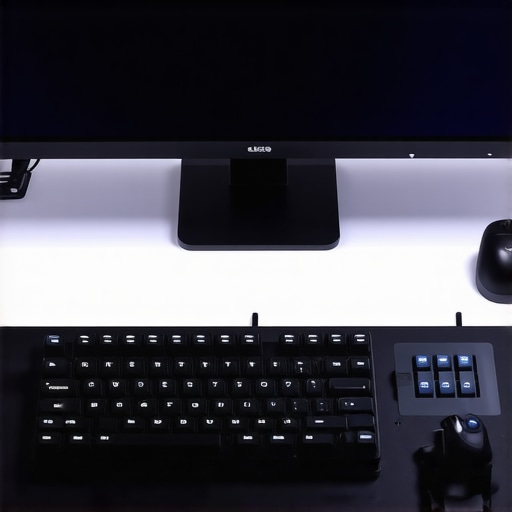 Professional editing workstation with ergonomic trackball, macro pad, and high-speed USB hub setup.