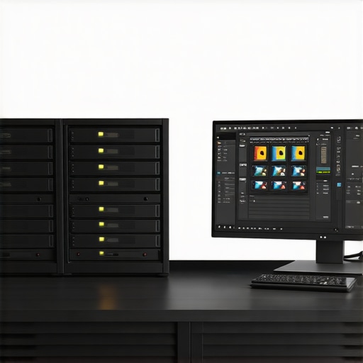Professional RAID storage system on an editor's desk showing drive bays and status indicators