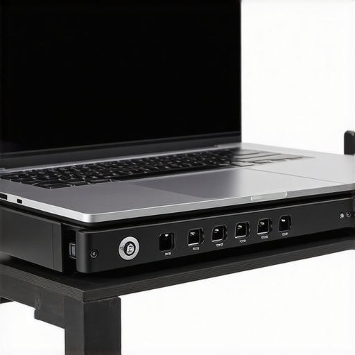 A professional editing setup showing a cooled laptop, external storage, and specialized macro pads for video editing.