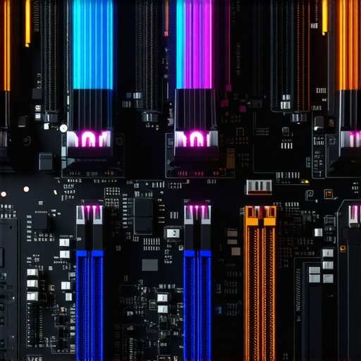 Close-up of high-performance PC motherboard with illuminated RAM and GPU components for video editing optimization