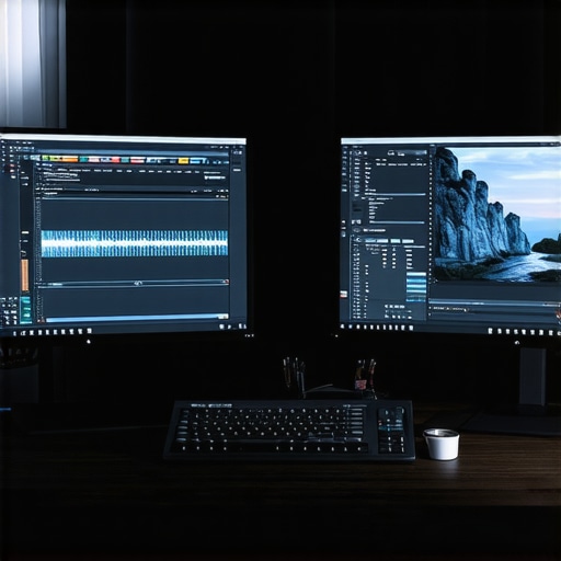 High-Refresh Video Editing Workspace Setup Professional post-production suite with a dual-monitor setup separating the high-refresh timeline from the calibrated reference monitor.