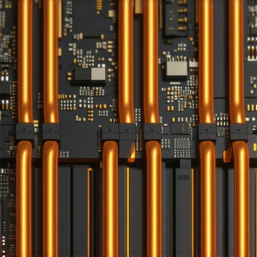 Close-up of laptop copper heat pipes and cooling assembly glowing with heat