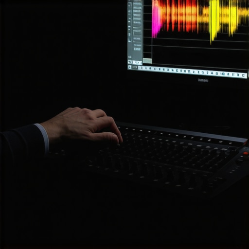 Professional colorist manually adjusting colors on a control panel in a dark studio.