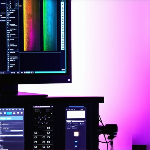 Professional color grading suite featuring hardware calibration tools and reference monitor.