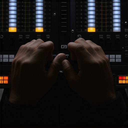 Close-up of a professional video colorist using a mechanical control surface with dials and trackballs.