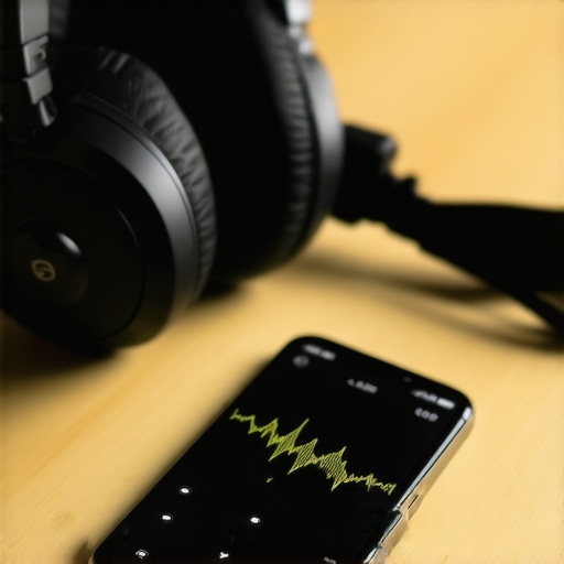 A smartphone showing an audio waveform next to studio headphones to illustrate audio translation.