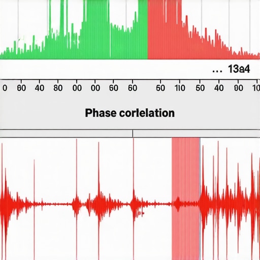 A DAW screen displaying a phase correlation meter and misaligned vocal waveforms for podcast editing.