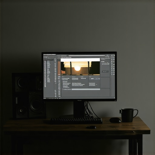 A professional editing room setup with gray walls and a shielded monitor for accurate color grading.