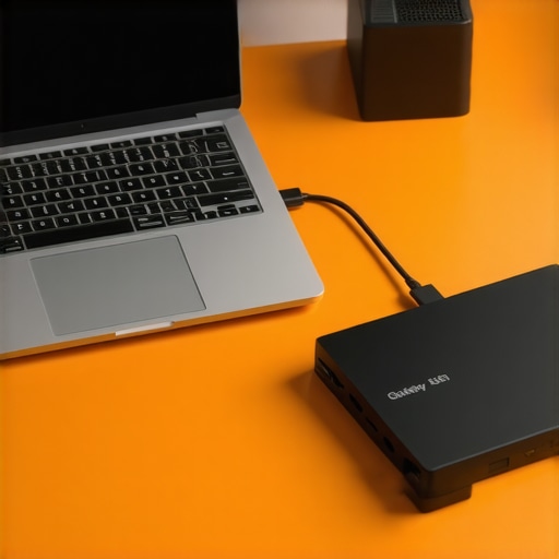 Optimized Mobile Editing Workstation with External Hardware High-performance laptop setup with cooling and external storage for video editing.