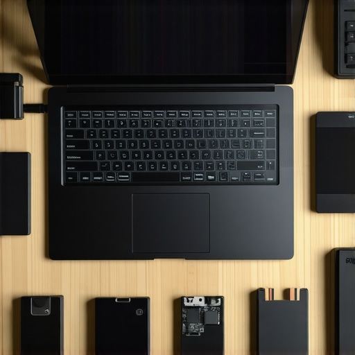 Optimized Professional Mobile Editing Workspace A professional mobile editing setup with high-speed peripherals and external SSDs for optimized video editing.