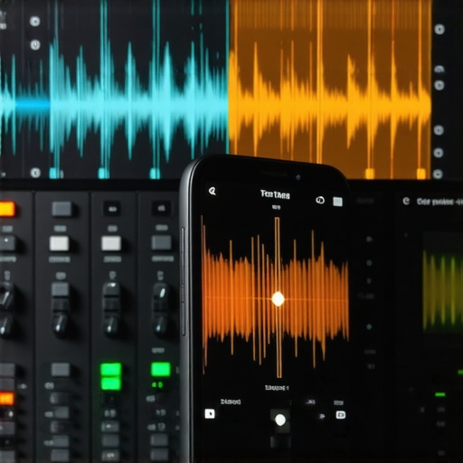Visual representation of audio transient shaping and mobile device monitoring in a professional editing suite.