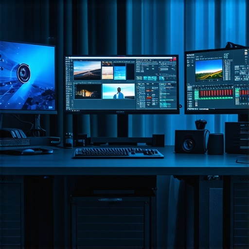 A professional video editing setup with multiple monitors and high-end hardware for smooth UI performance.