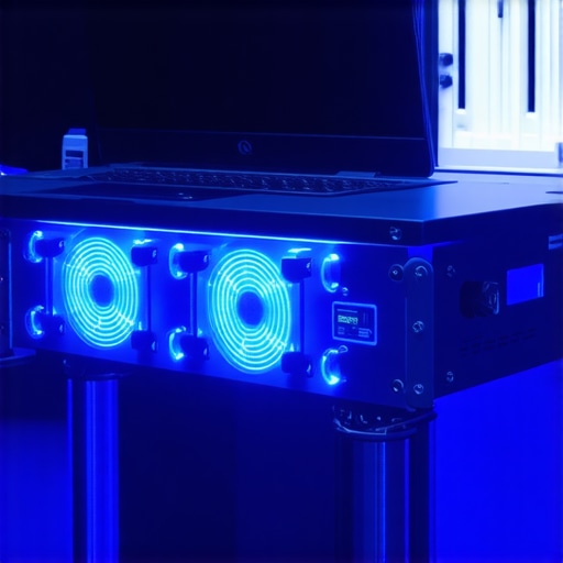 High-end laptop on a cooling stand to prevent thermal throttling during video rendering.