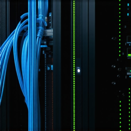 Close-up of a high-speed 10GbE network switch in a professional media studio.