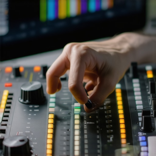 A close-up view of a hand adjusting a motorized fader on a professional control surface during a video editing session.